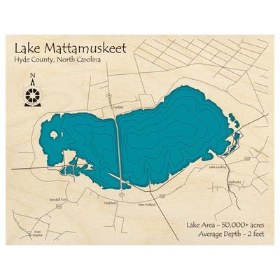 Bathymetric topo map of Lake Mattamuskeet, NC with roads, towns and depths noted in blue water.