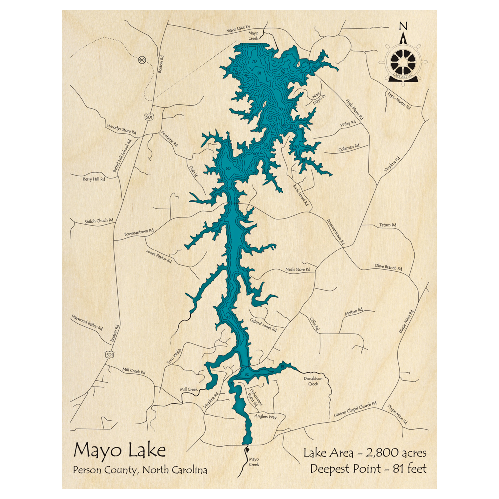Bathymetric topo map of Mayo Reservoir, NC with roads, towns and depths noted in blue water.