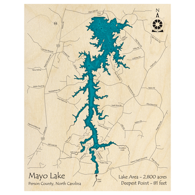 Bathymetric topo map of Mayo Reservoir, NC with roads, towns and depths noted in blue water.
