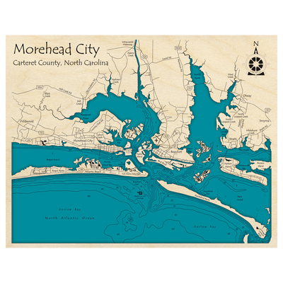 Bathymetric topo map of Morehead City, NC with roads, towns and depths noted in blue water.