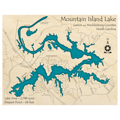 Bathymetric topo map of Mountain Island Lake, NC with roads, towns and depths noted in blue water.