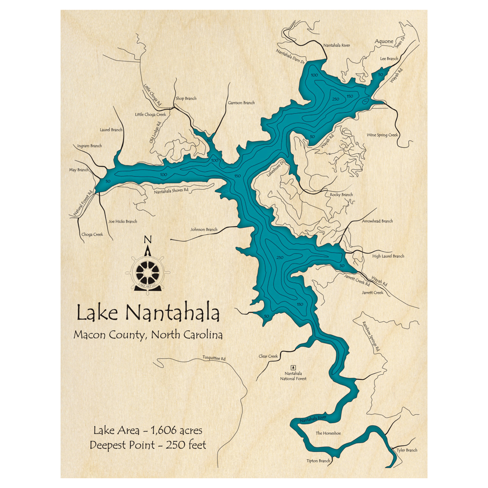 Bathymetric topo map of Lake Nantahala, NC with roads, towns and depths noted in blue water.
