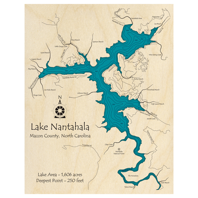 Bathymetric topo map of Lake Nantahala, NC with roads, towns and depths noted in blue water.