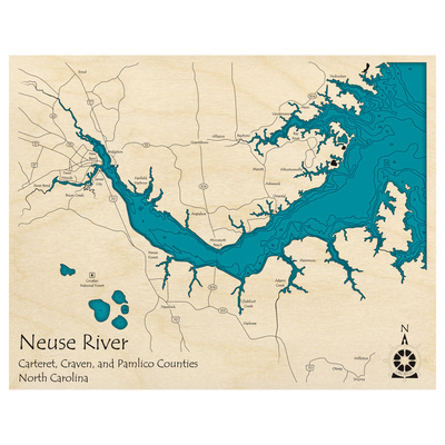 Bathymetric topo map of Neuse River, NC with roads, towns and depths noted in blue water.