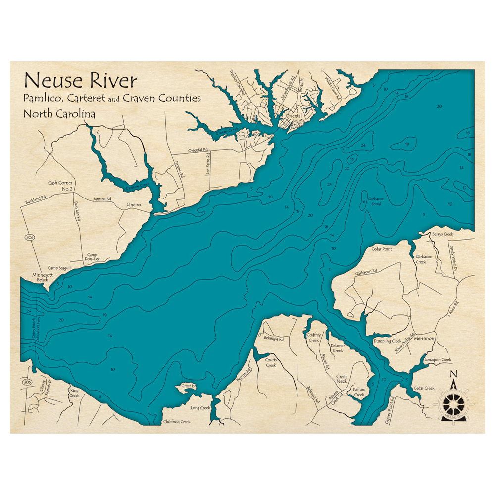 Bathymetric topo map of Neuse River at Oriental, NC with roads, towns and depths noted in blue water.