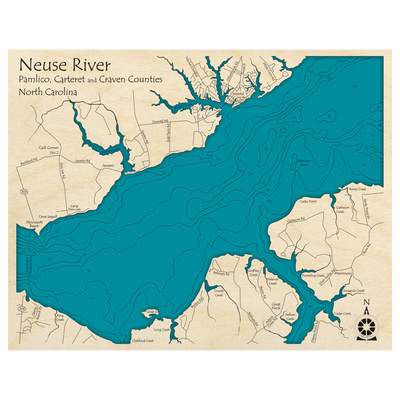 Bathymetric topo map of Neuse River at Oriental, NC with roads, towns and depths noted in blue water.