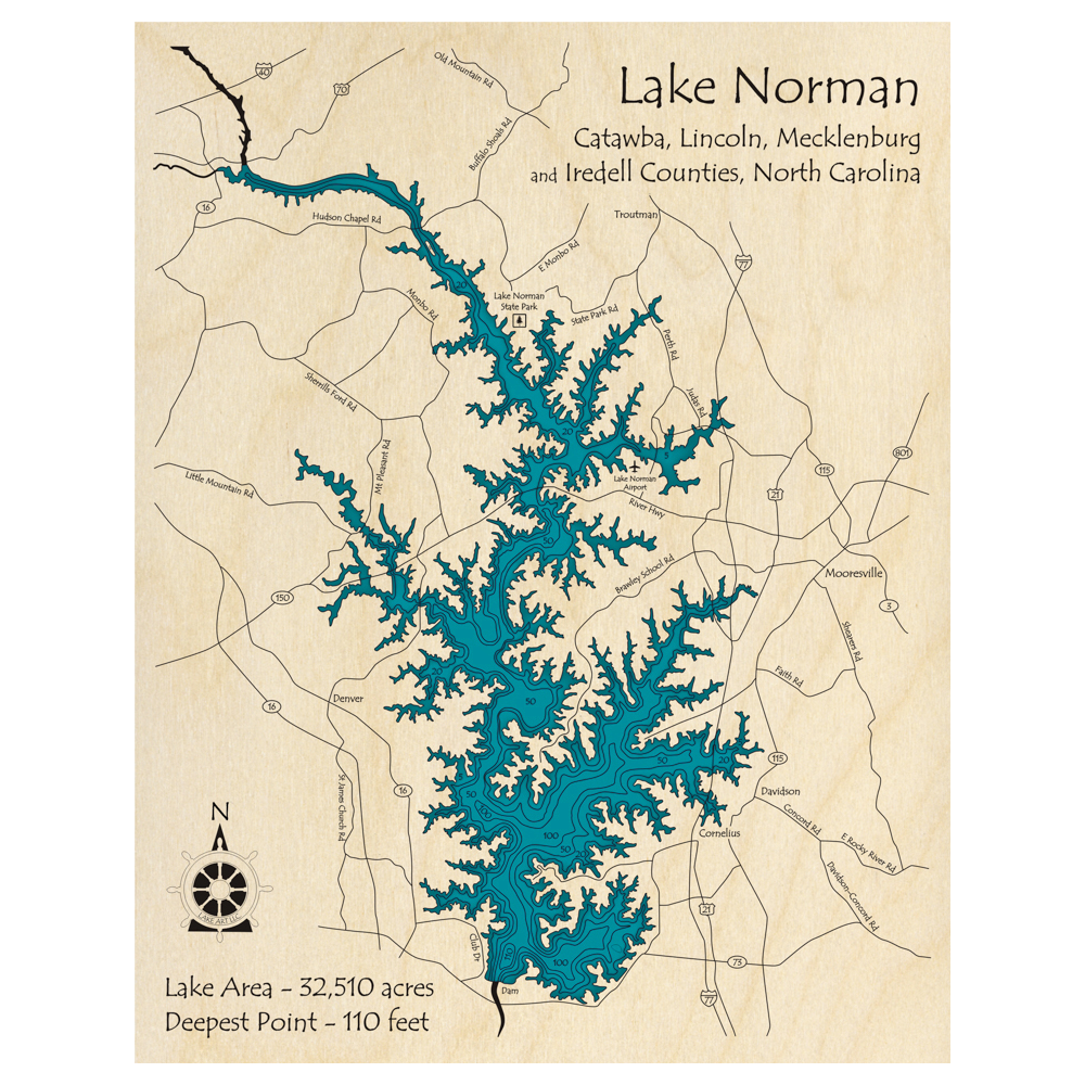 Bathymetric topo map of Lake Norman, NC with roads, towns and depths noted in blue water.