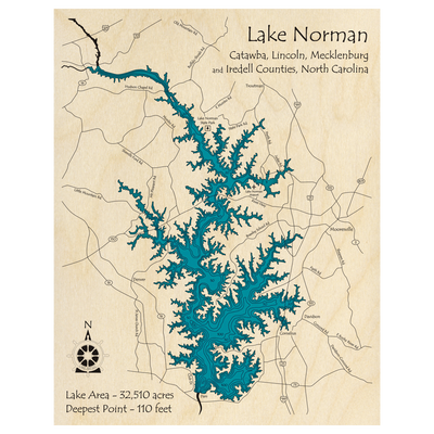 Bathymetric topo map of Lake Norman, NC with roads, towns and depths noted in blue water.