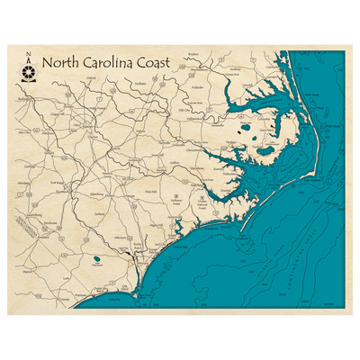 Bathymetric topo map of North Carolina Coast, NC with roads, towns and depths noted in blue water.