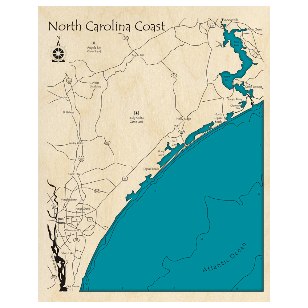 Bathymetric topo map of North Carolina Coast, NC with roads, towns and depths noted in blue water.