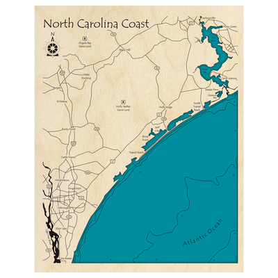 Bathymetric topo map of North Carolina Coast, NC with roads, towns and depths noted in blue water.