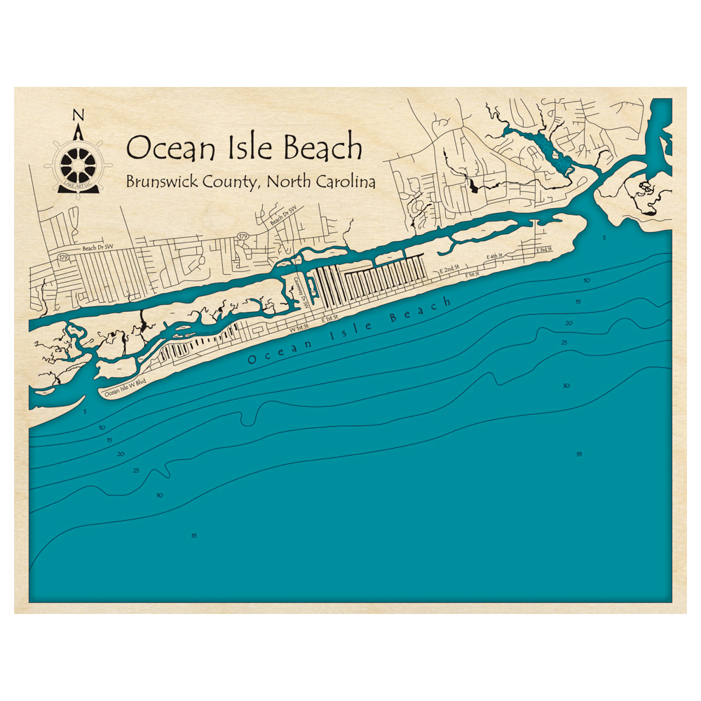 Bathymetric topo map of Ocean Isle Beach, NC with roads, towns and depths noted in blue water.