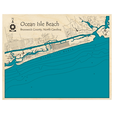 Bathymetric topo map of Ocean Isle Beach, NC with roads, towns and depths noted in blue water.