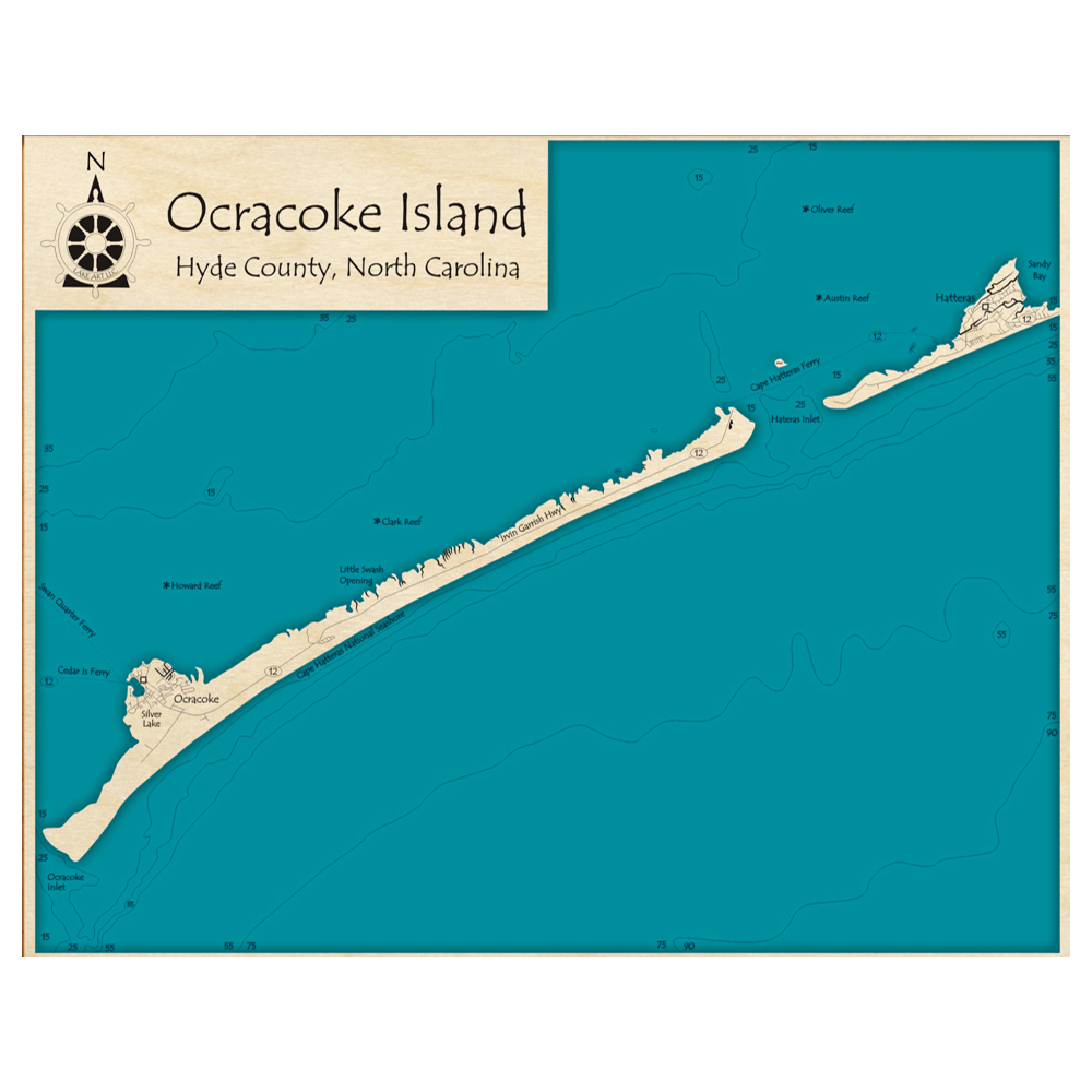 Bathymetric topo map of Ocracoke Island, NC with roads, towns and depths noted in blue water.