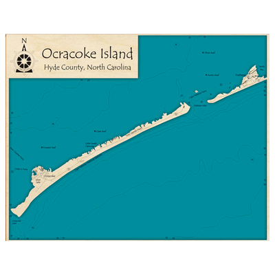 Bathymetric topo map of Ocracoke Island, NC with roads, towns and depths noted in blue water.
