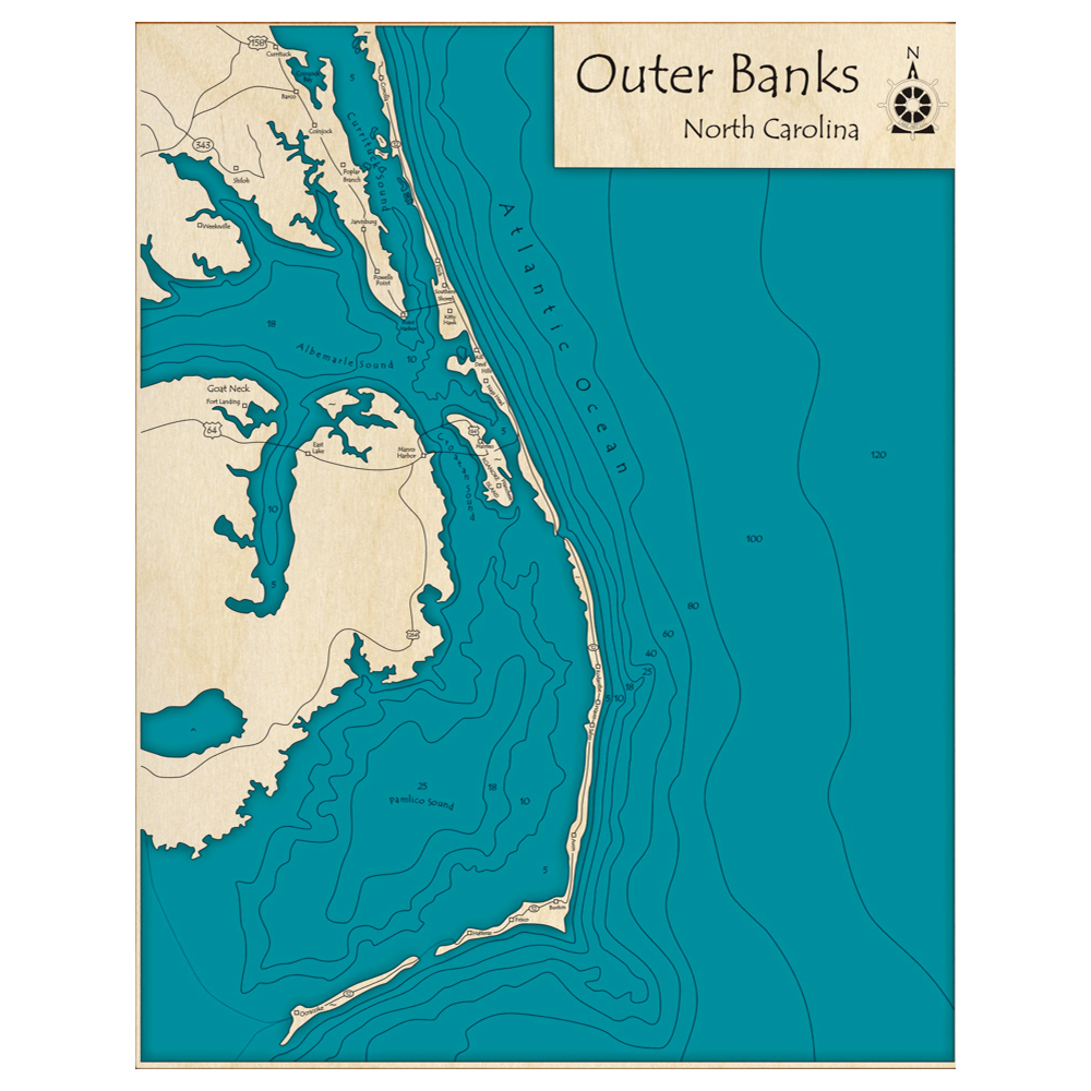 Bathymetric topo map of Outer Banks, NC with roads, towns and depths noted in blue water.