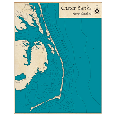 Bathymetric topo map of Outer Banks, NC with roads, towns and depths noted in blue water.
