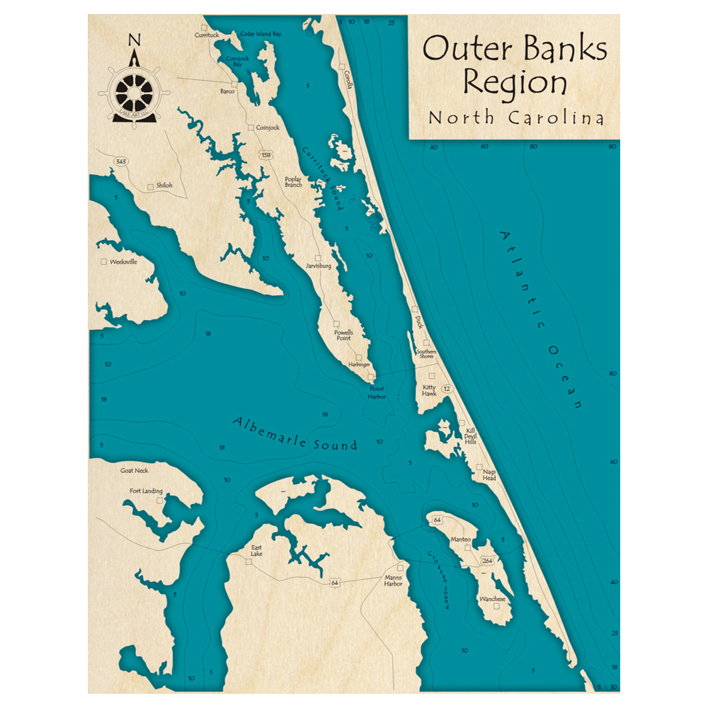 Bathymetric topo map of Outer Banks Region and Albemarle Sound, NC with roads, towns and depths noted in blue water.