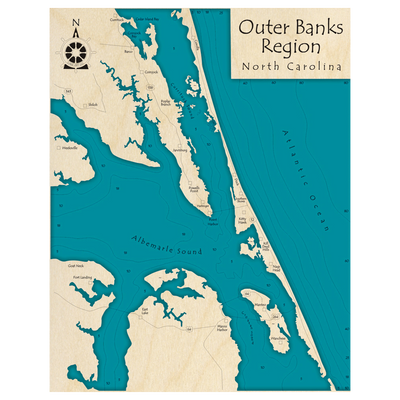 Bathymetric topo map of Outer Banks Region and Albemarle Sound, NC with roads, towns and depths noted in blue water.
