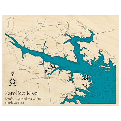 Bathymetric topo map of Pamlico River, NC with roads, towns and depths noted in blue water.