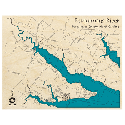 Bathymetric topo map of Perquimans River, NC with roads, towns and depths noted in blue water.