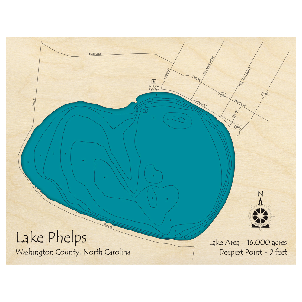 Bathymetric topo map of Lake Phelps, NC with roads, towns and depths noted in blue water.