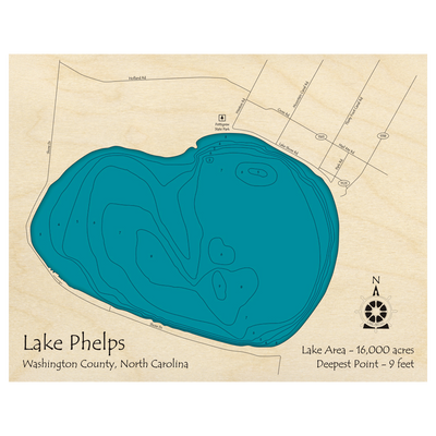 Bathymetric topo map of Lake Phelps, NC with roads, towns and depths noted in blue water.