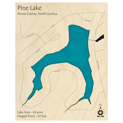 Bathymetric topo map of Pine Lake, NC with roads, towns and depths noted in blue water.