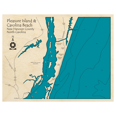 Bathymetric topo map of Pleasure Island - Carolina Beach, NC with roads, towns and depths noted in blue water.