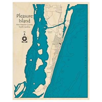 Bathymetric topo map of Pleasure Island, NC with roads, towns and depths noted in blue water.