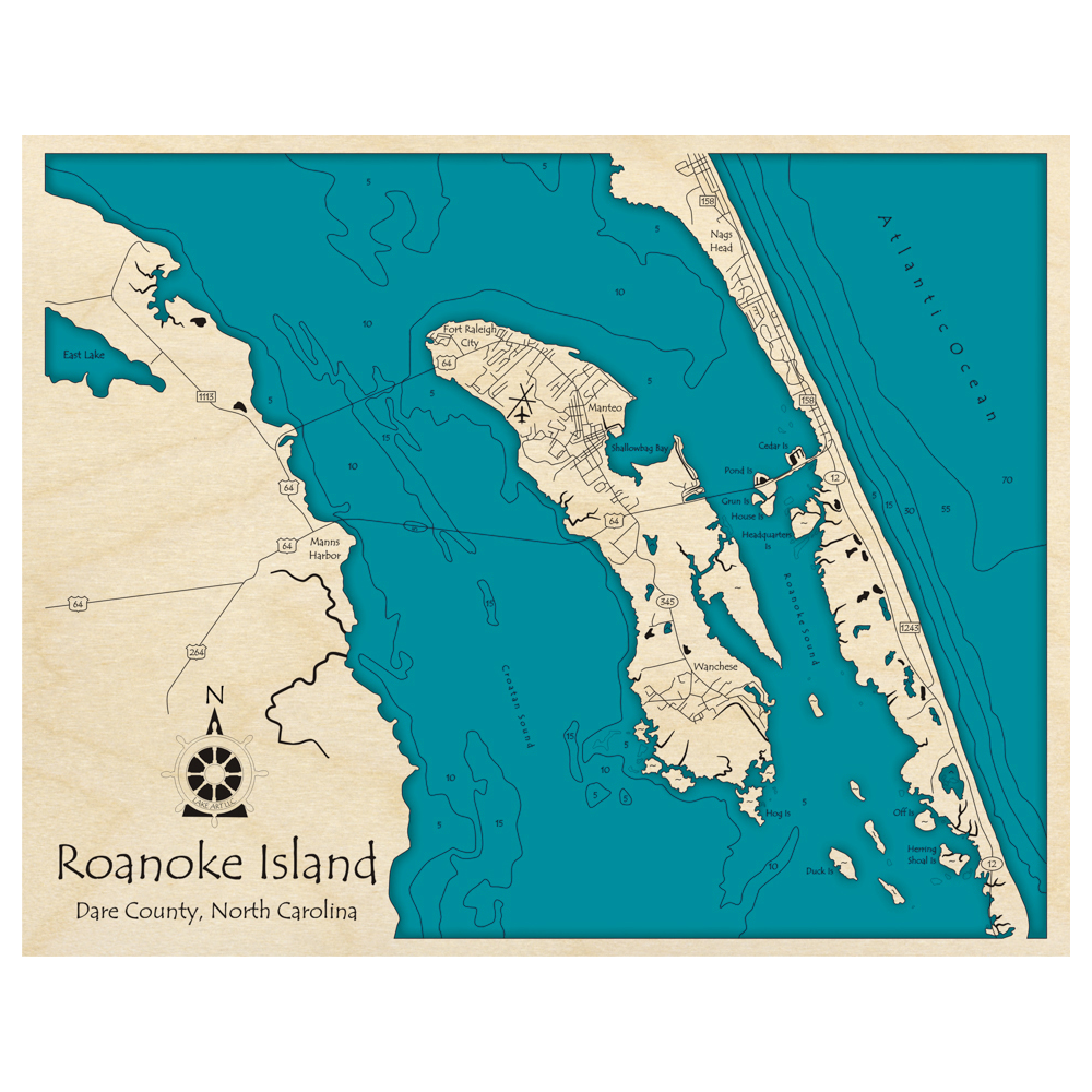 Bathymetric topo map of Roanoke Island, NC with roads, towns and depths noted in blue water.