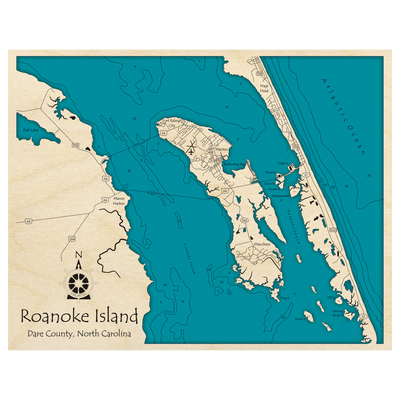 Bathymetric topo map of Roanoke Island, NC with roads, towns and depths noted in blue water.