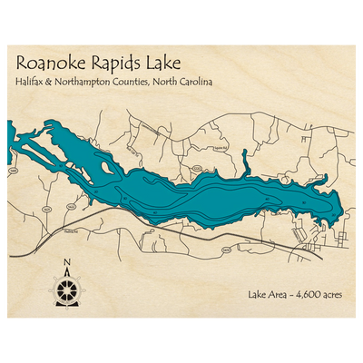 Bathymetric topo map of Roanoke Rapids Lake, NC with roads, towns and depths noted in blue water.