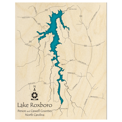 Bathymetric topo map of Lake Roxboro, NC with roads, towns and depths noted in blue water.