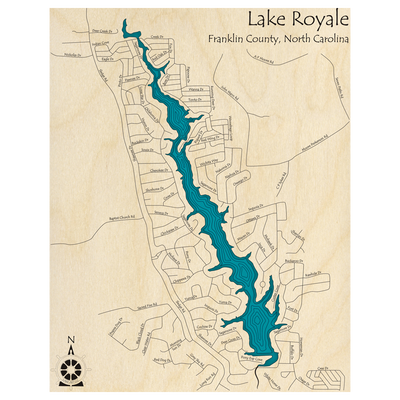 Bathymetric topo map of Lake Royale, NC with roads, towns and depths noted in blue water.