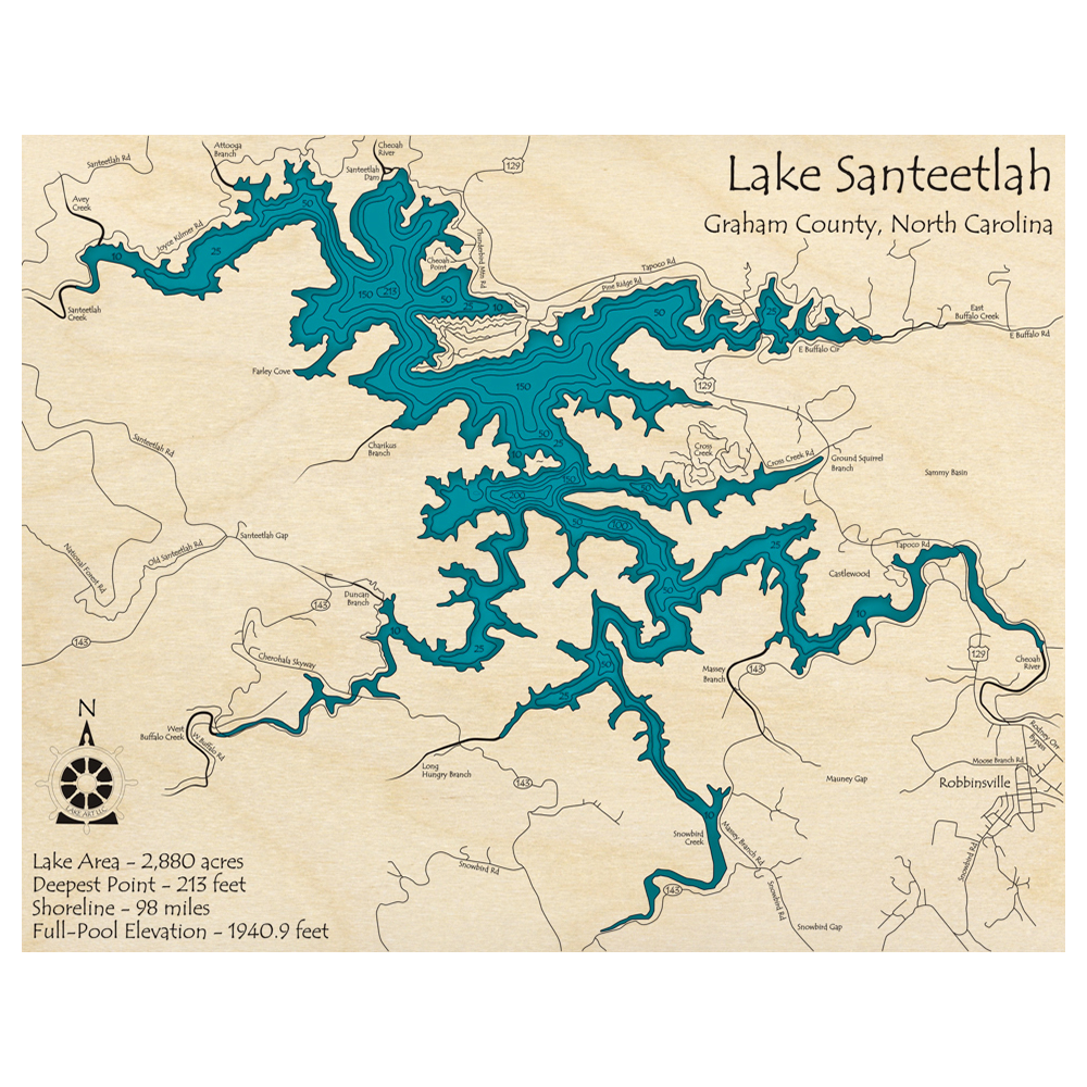 Bathymetric topo map of Santeetlah Lake, NC with roads, towns and depths noted in blue water.