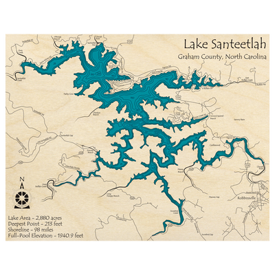 Bathymetric topo map of Santeetlah Lake, NC with roads, towns and depths noted in blue water.