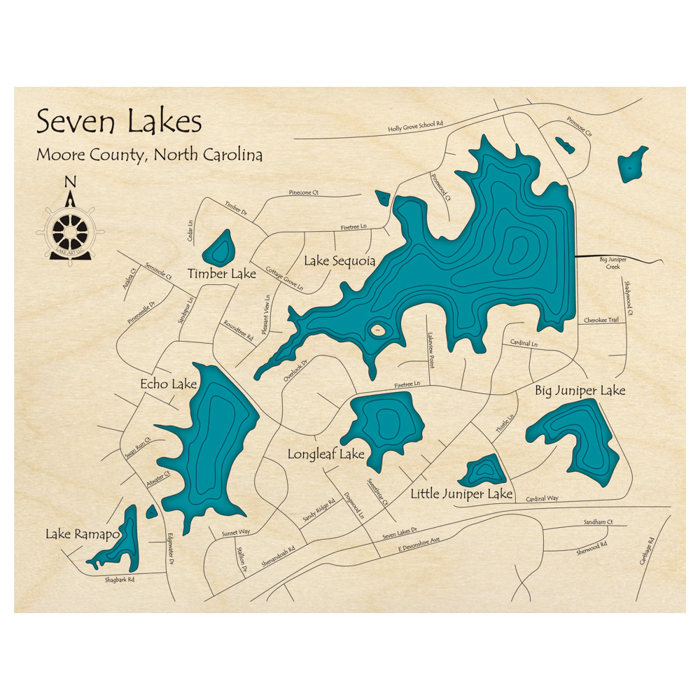 Bathymetric topo map of Seven Lakes, NC with roads, towns and depths noted in blue water.