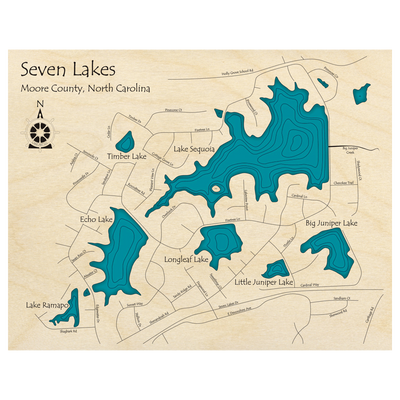 Bathymetric topo map of Seven Lakes, NC with roads, towns and depths noted in blue water.