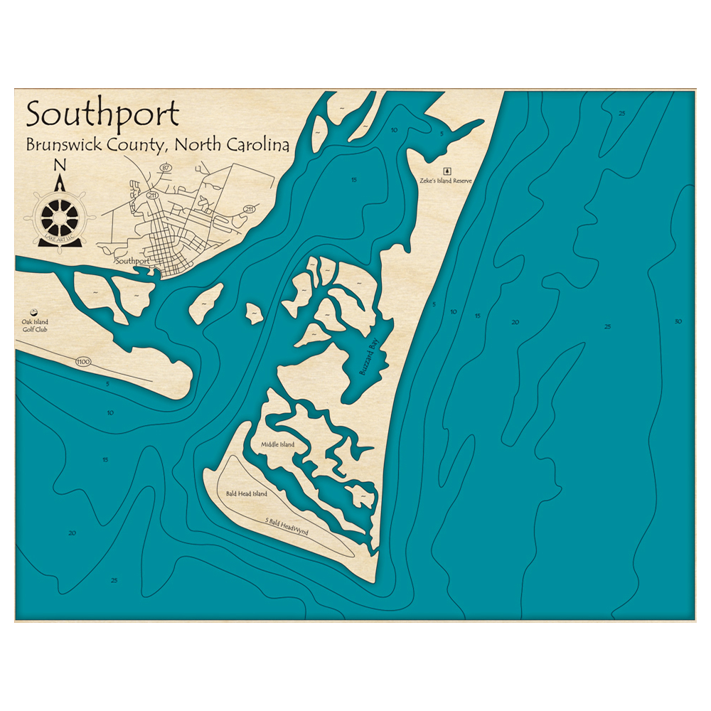 Bathymetric topo map of Southport, NC with roads, towns and depths noted in blue water.