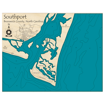 Bathymetric topo map of Southport, NC with roads, towns and depths noted in blue water.