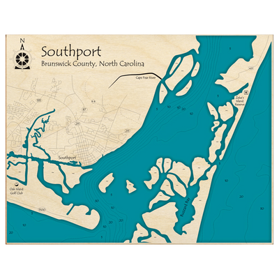 Bathymetric topo map of Southport, NC with roads, towns and depths noted in blue water.