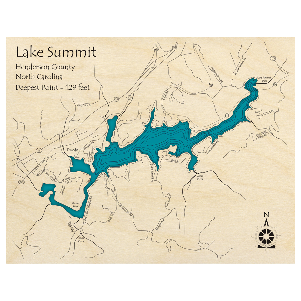 Bathymetric topo map of Lake Summit, NC with roads, towns and depths noted in blue water.