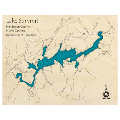 Bathymetric topo map of Lake Summit, NC with roads, towns and depths noted in blue water.