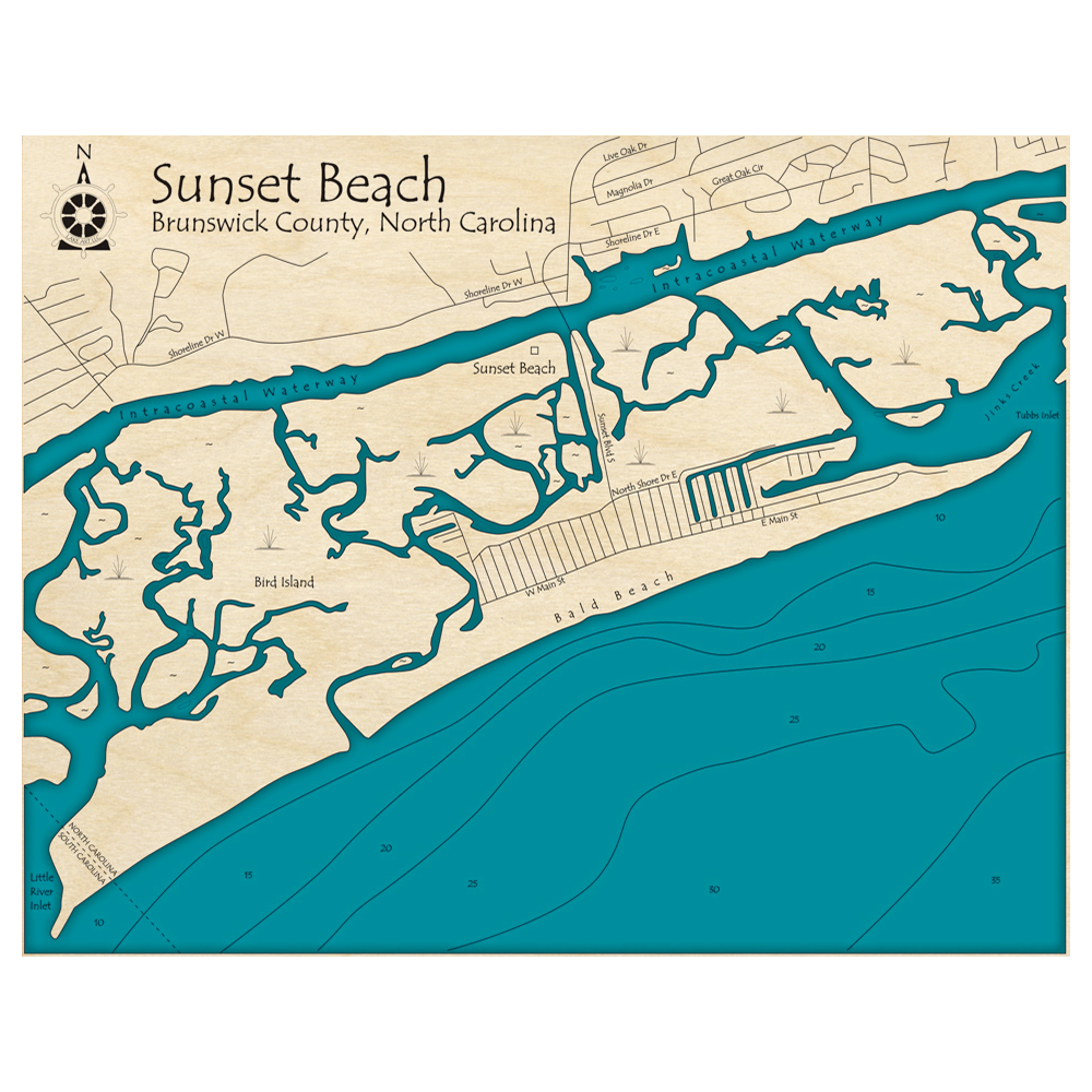 Bathymetric topo map of Sunset Beach, NC with roads, towns and depths noted in blue water.