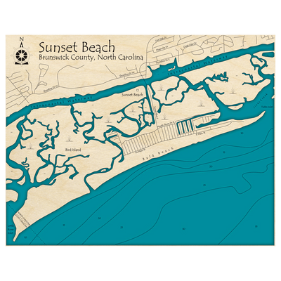 Bathymetric topo map of Sunset Beach, NC with roads, towns and depths noted in blue water.