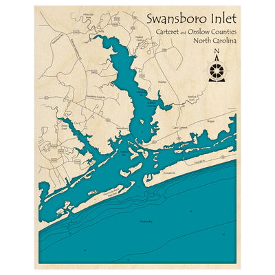 Bathymetric topo map of Swansboro Inlet, NC with roads, towns and depths noted in blue water.