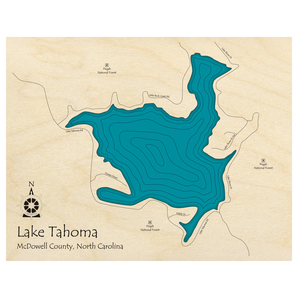 Bathymetric topo map of Lake Tahoma, NC with roads, towns and depths noted in blue water.