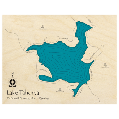 Bathymetric topo map of Lake Tahoma, NC with roads, towns and depths noted in blue water.