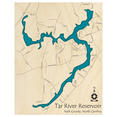 Bathymetric topo map of Tar River Reservoir, NC with roads, towns and depths noted in blue water.